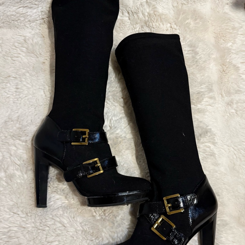 MICHAEL Michael Kors Black Knee-High Heeled Boots with Gold Buckles